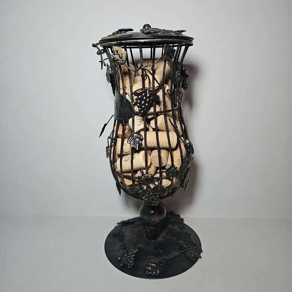 Decorative Art Wine Grapes Cork Cage Holder Hourglass Shaped Bronze with Corks